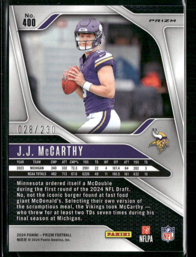 2024 Panini Prizm J.J. McCarthy #400 Blue Wave RC 028/230
