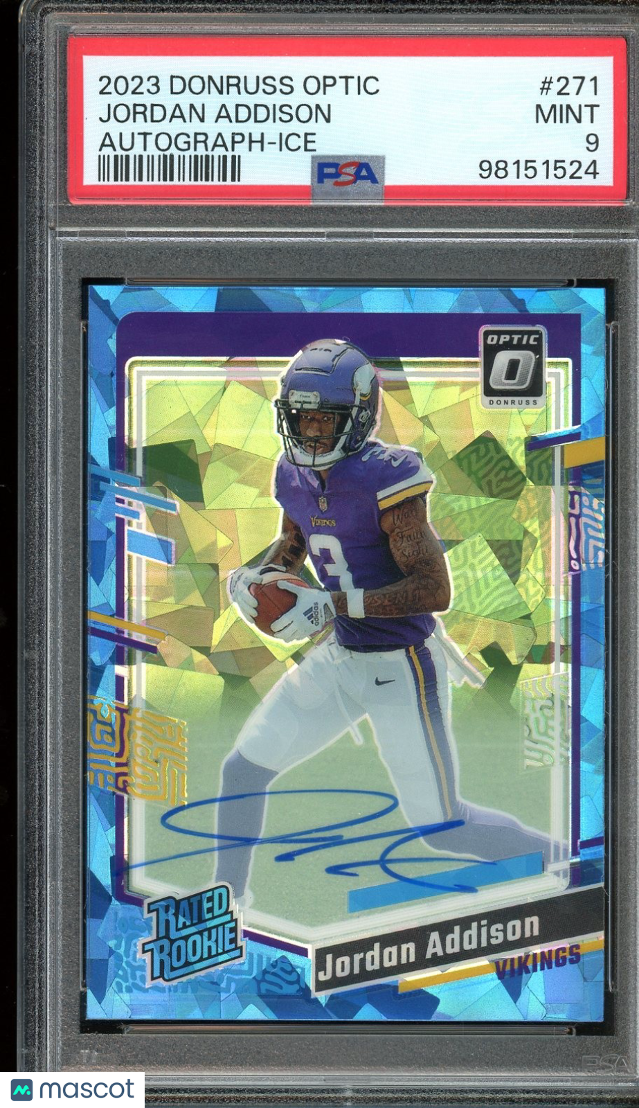 2023 Optic #271 Jordan Addison Rated Rookies RPS Autographs Ice PSA 9 #/15