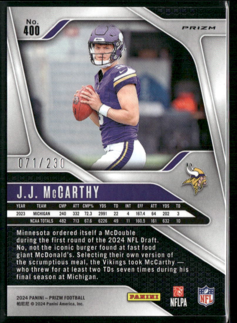 2024 Panini Prizm J.J. McCarthy #400 Blue Wave RC 071/230