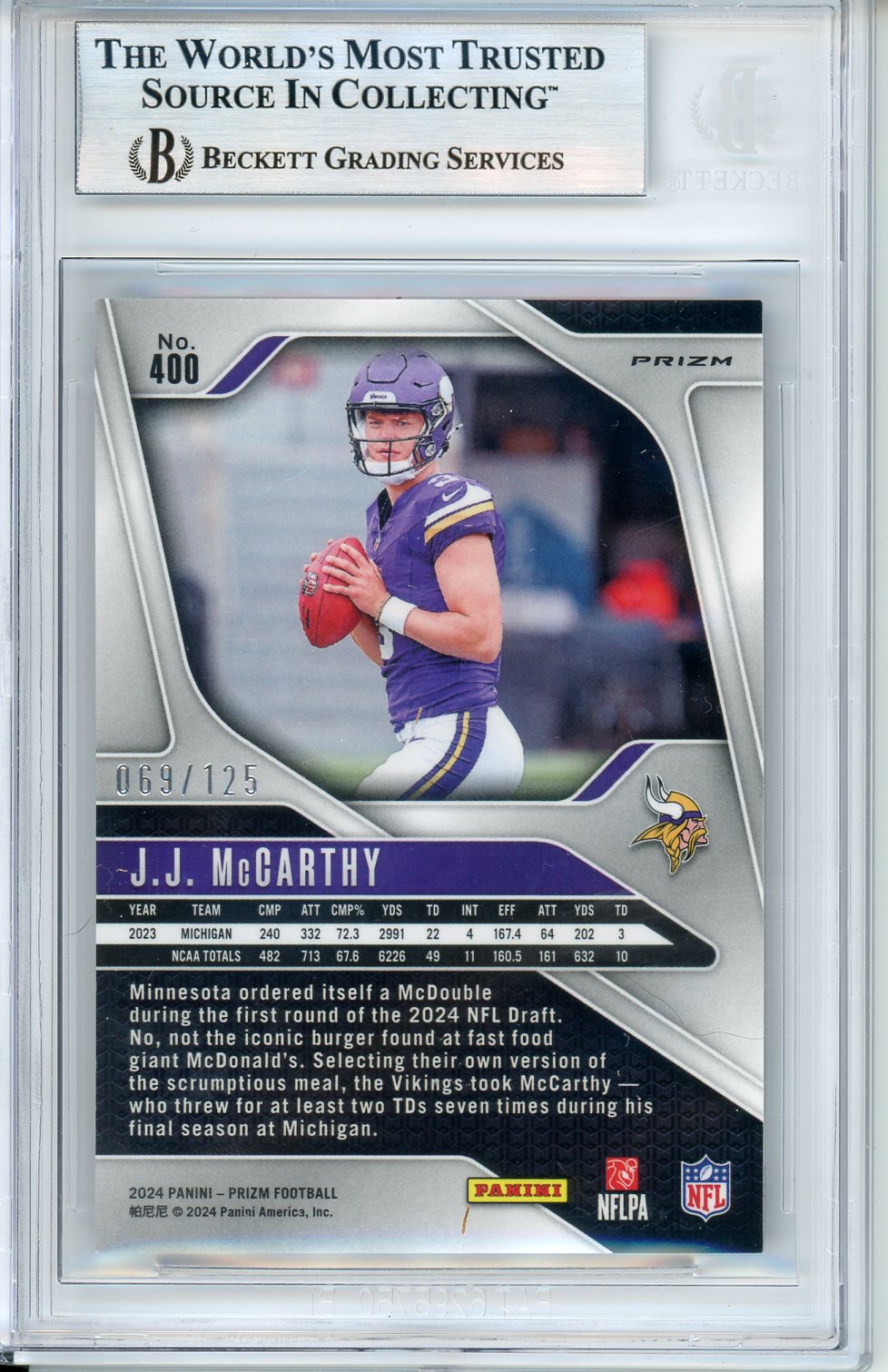 2024 Panini Prizm JJ McCarthy #400 Purple /125 BGS 9