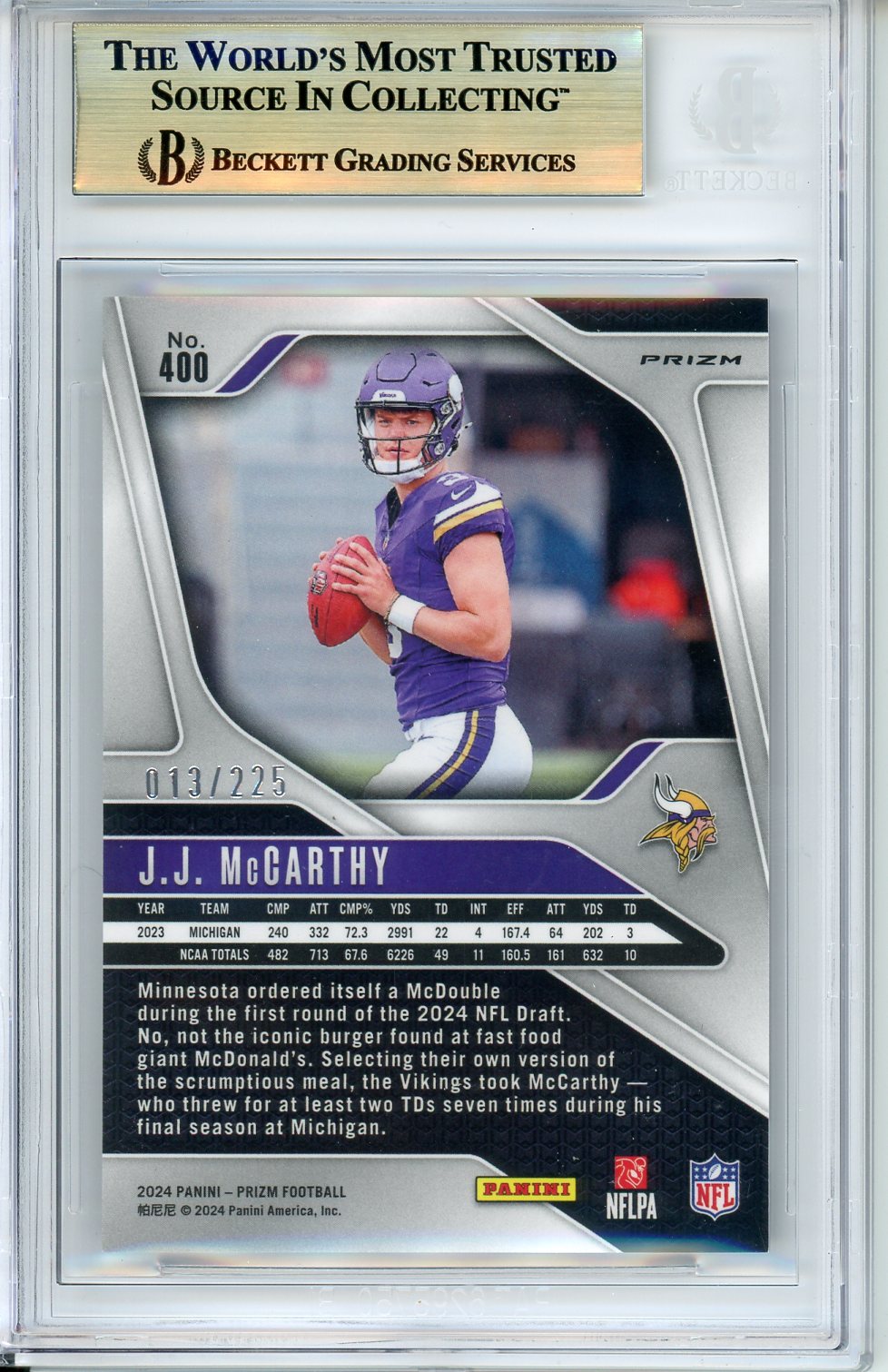 2024 Panini Prizm JJ McCarthy #400 Purple Ice /225 BGS 9.5