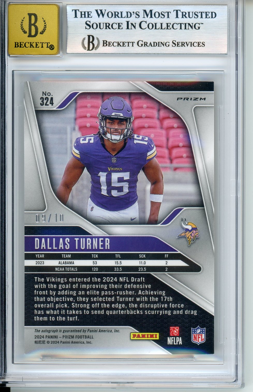 2024 Panini Prizm Dallas Turner #324 9/10 BGS 9 Auto 10