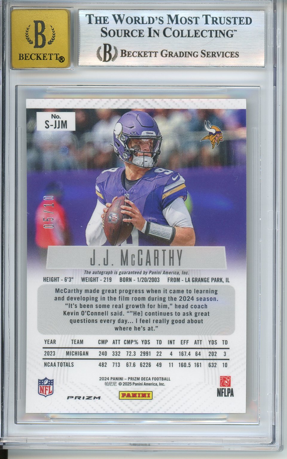 2024 Panini Prizm JJ McCarthy #78 Deca Gold 05/10 BGS 8.5 Auto 10