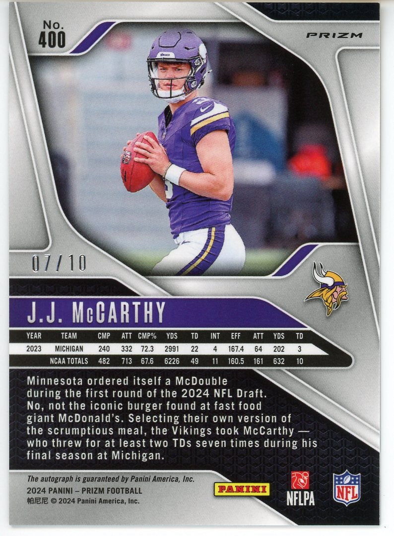 2024 Panini Prizm J.J. McCarthy #400 Gold Autograph 07/10 RC