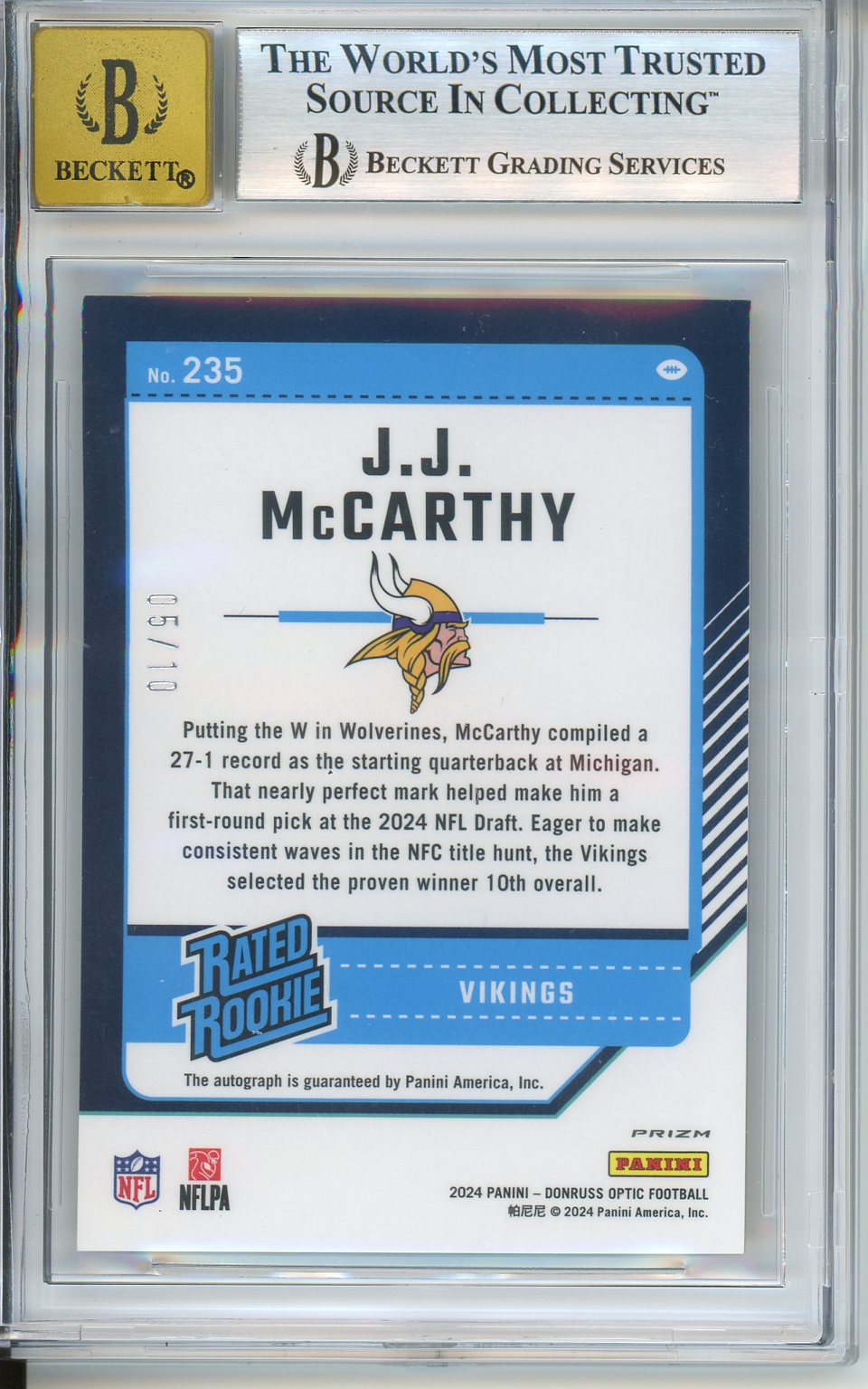 2024 Optic Rated Rookie RPS Autographs Gold JJ McCarthy #235 05/10 BGS 9 Auto 10