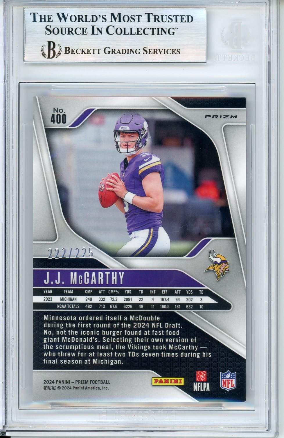 2024 Panini Prizm JJ McCarthy #400 Purple Ice /225 BGS 9