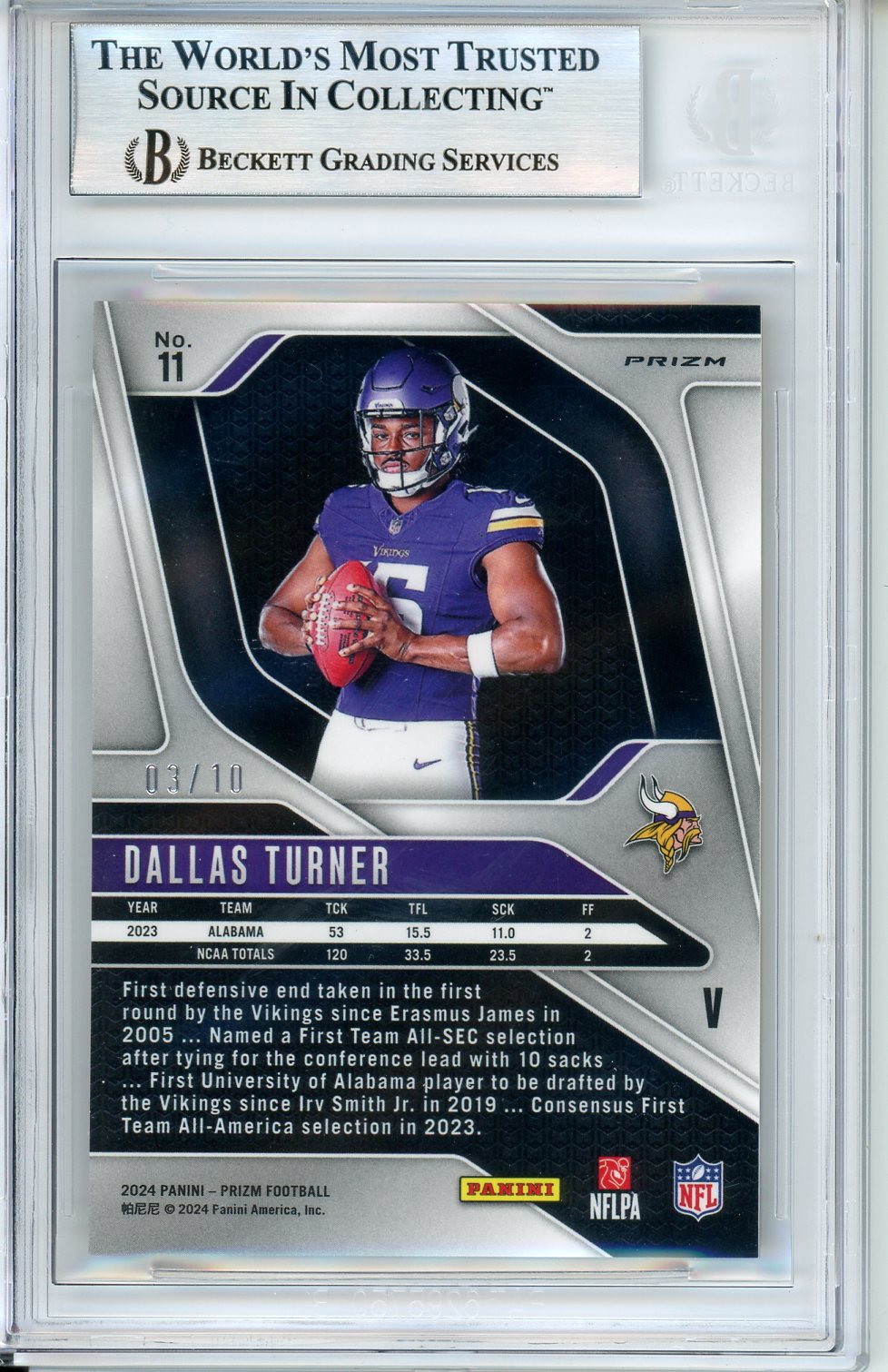 2024 Panini Prizm Dallas Turner #11 3/10 BGS 9