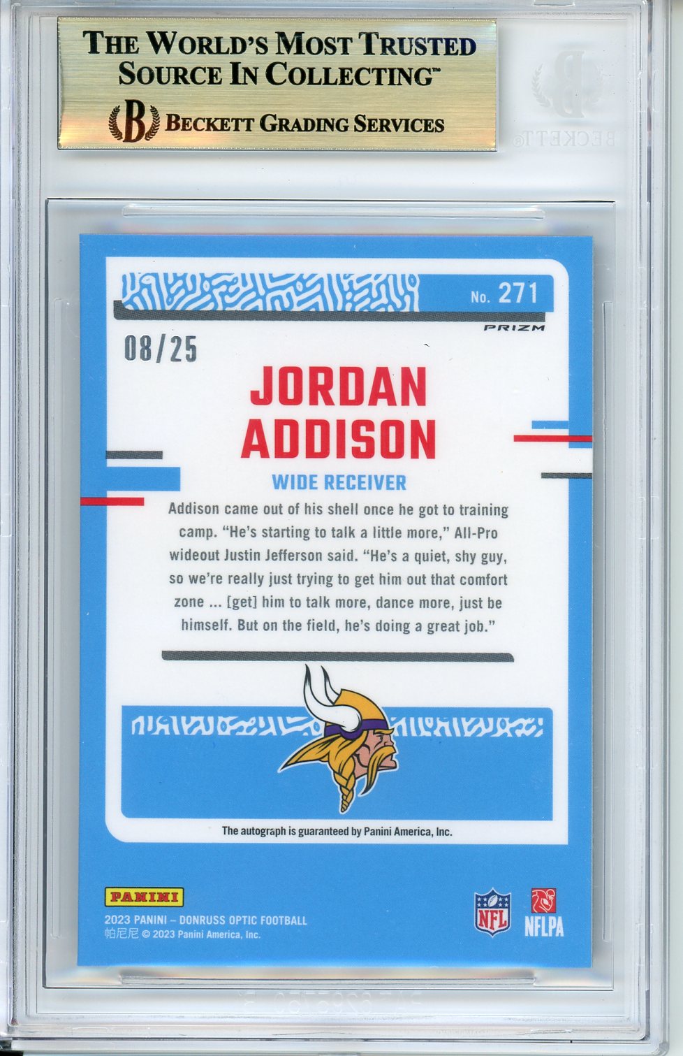 2023 Optic Rookies Autograph Black Pandora Jordan Addison #271 BGS 9.5 Auto 9