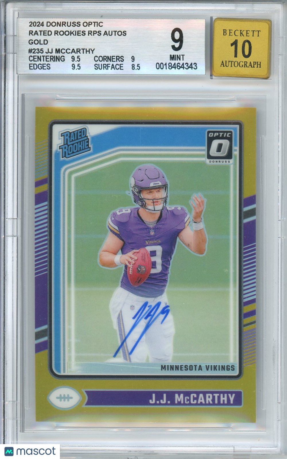 2024 Optic Rated Rookie RPS Autographs Gold JJ McCarthy #235 05/10 BGS 9 Auto 10
