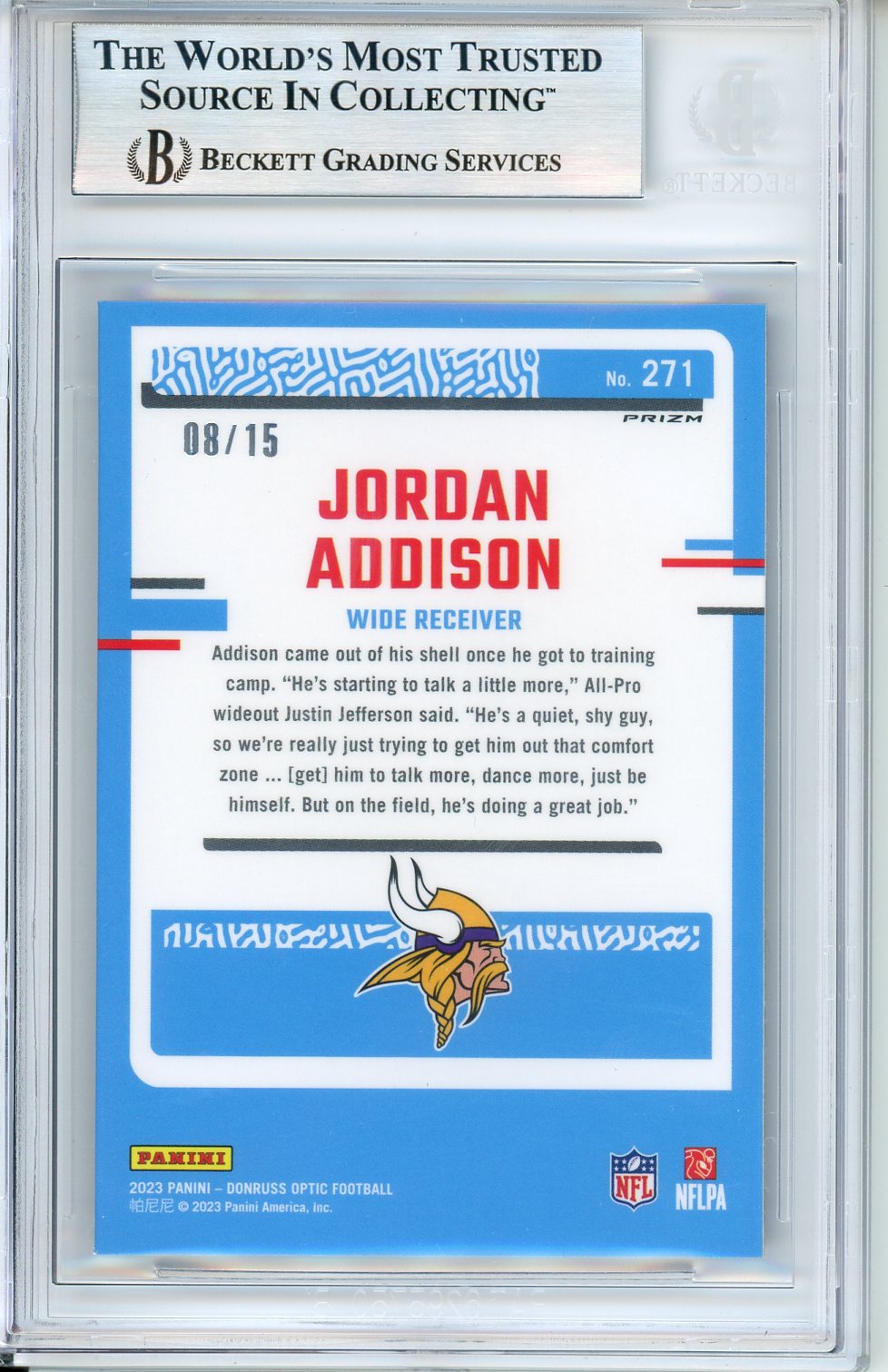 2023 Donruss Optic Purple Stars Jordan Addison RR #271 Purple Stars /15 BGS 9