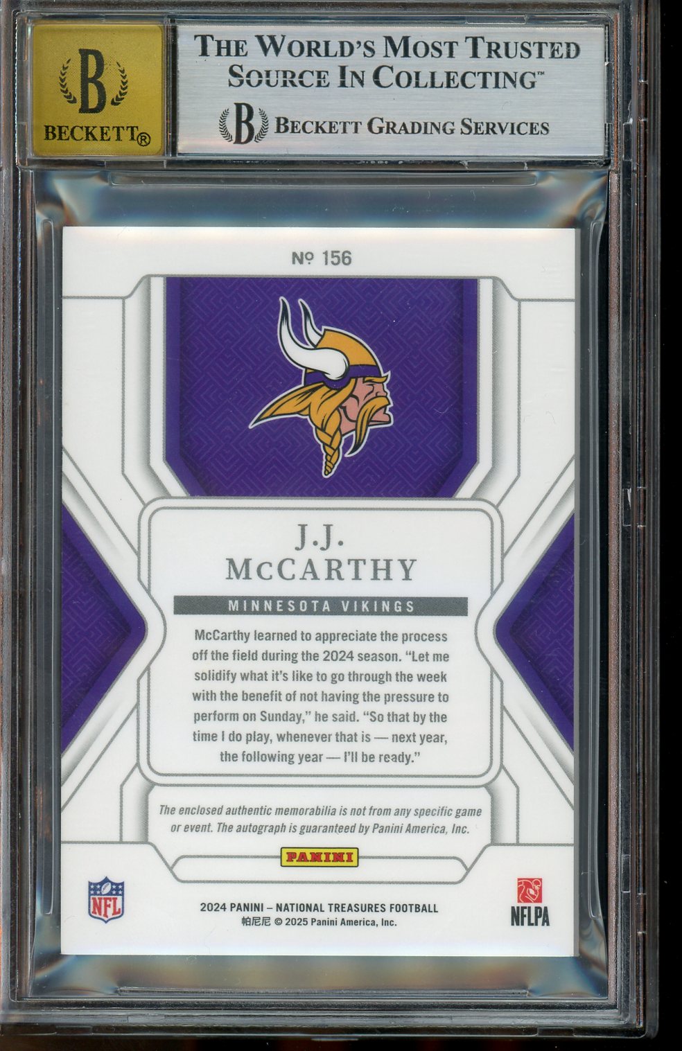 2024 Panini National Treasures Purple JJ McCarthy JSY #156 BGS 8.5 Auto 10