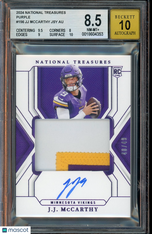 2024 Panini National Treasures Purple JJ McCarthy JSY #156 BGS 8.5 Auto 10