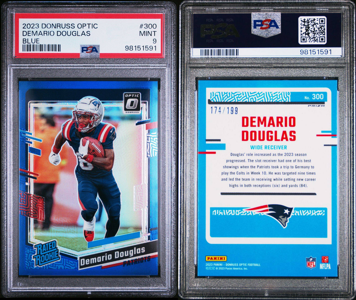 2023 DONRUSS OPTIC 300 DEMARIO DOUGLAS BLUE /199 PSA 9
