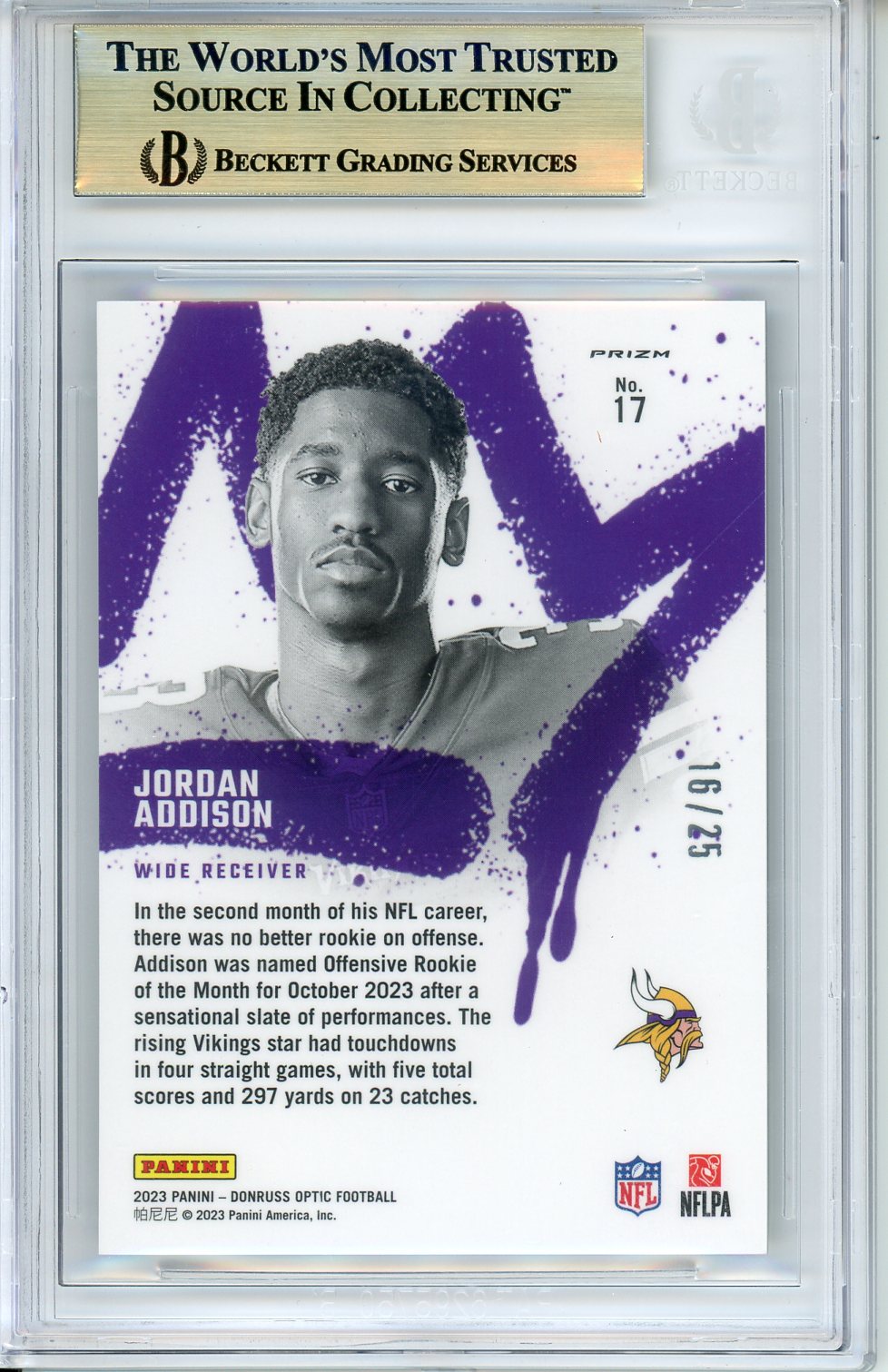 2023 Donruss Optic Rookie Kings Black Pandora Jordan Addison #17 16/25 BGS 9.5
