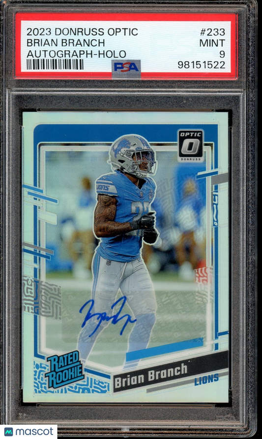 2023 Donruss Optic #233 Brian Branch Rated Rookies Autographs Holo PSA 9 #/150