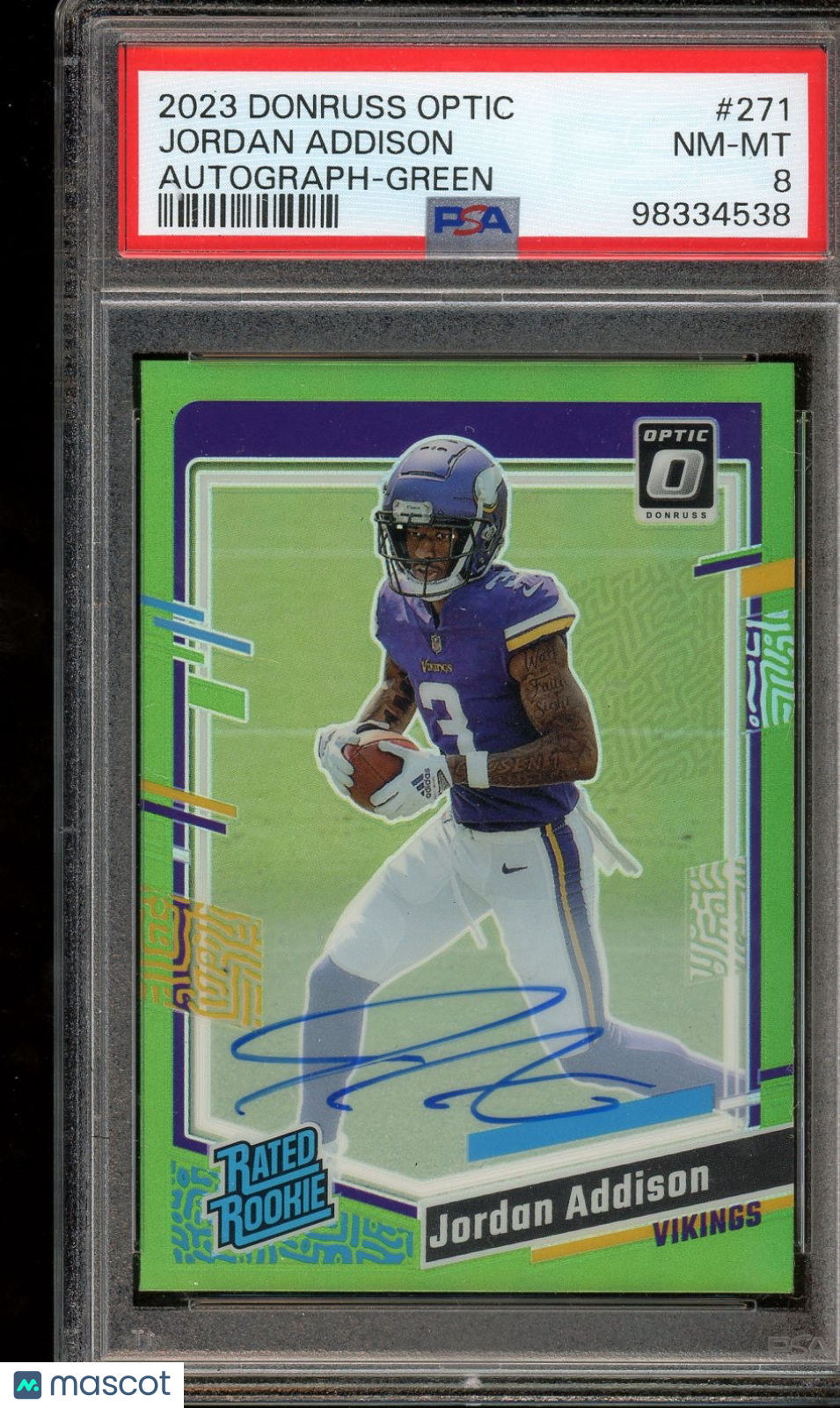 2023 Optic #271 Jordan Addison Rated Rookies RPS Autographs Green PSA 8 #/5