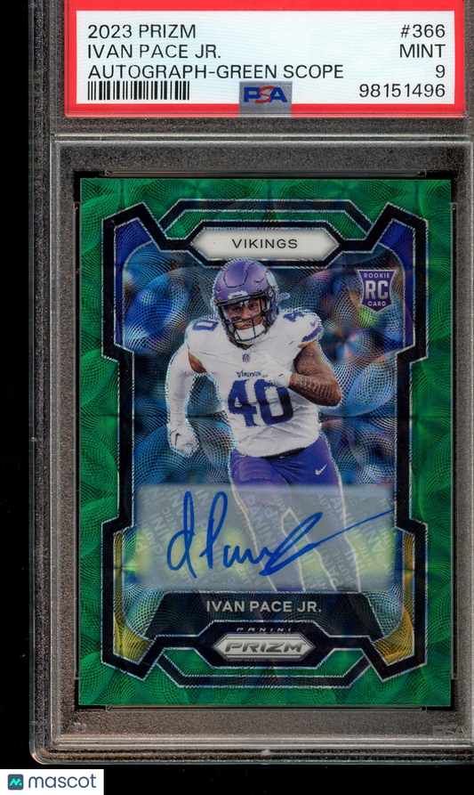 2023 Panini Prizm #366 Ivan Pace Jr. Rookie Auto Prizm Green Scope PSA 9 #/75