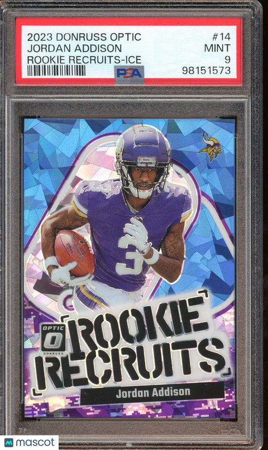 2023 Donruss Optic #14 Jordan Addison Rookie Recruits Ice PSA 9 #/15