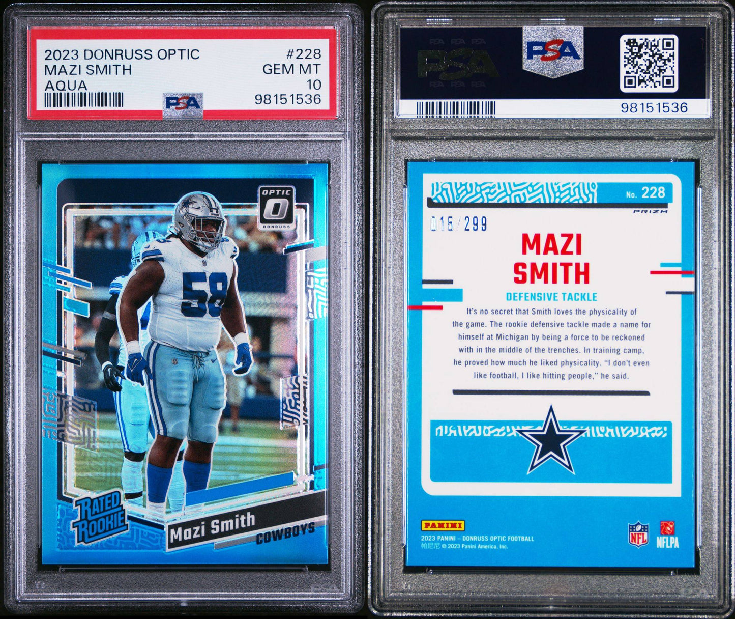 2023 DONRUSS OPTIC 228 MAZI SMITH AQUA /299 PSA 10