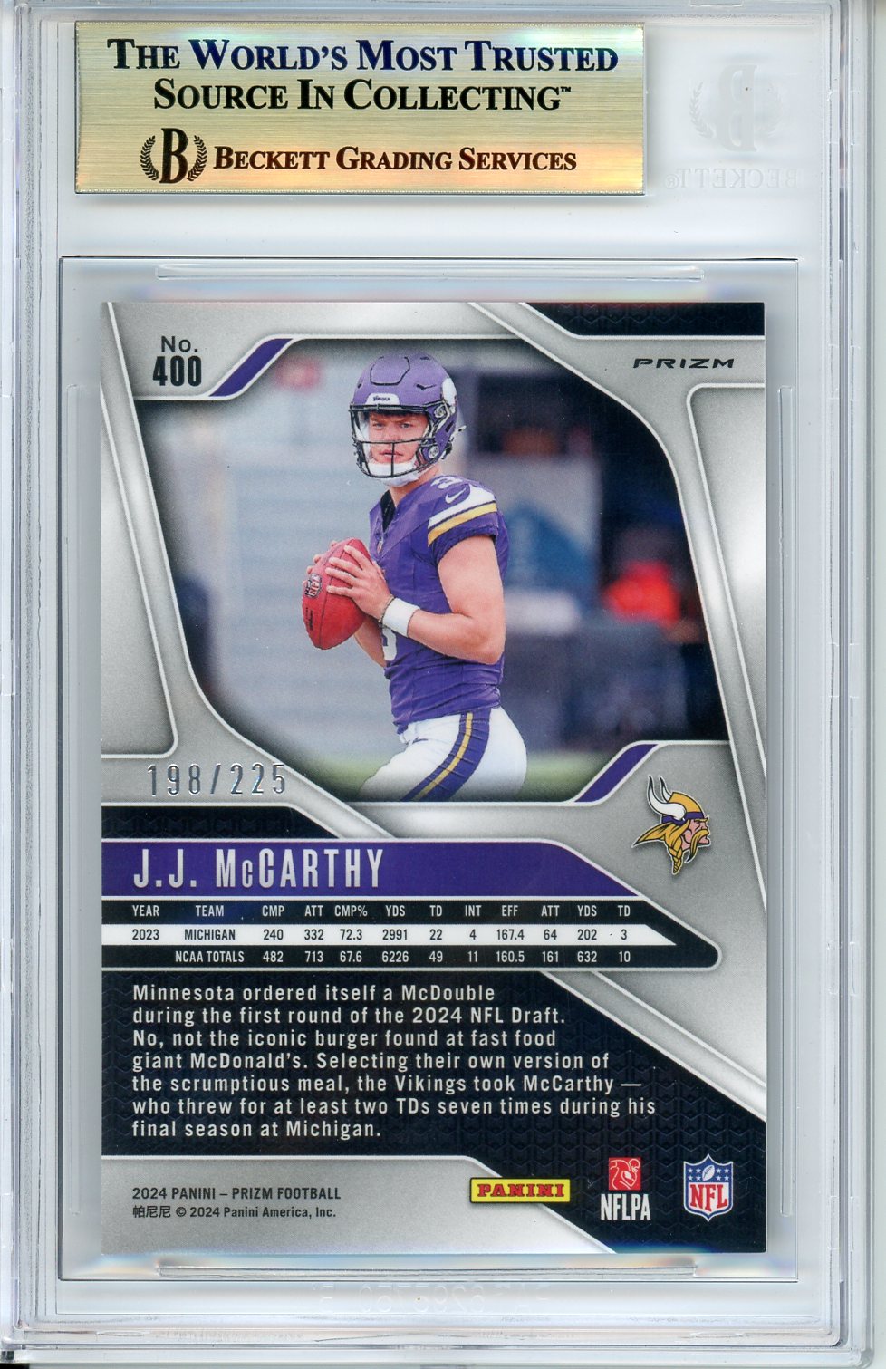 2024 Panini Prizm JJ McCarthy #400 Purple Ice 198/225 BGS 9.5