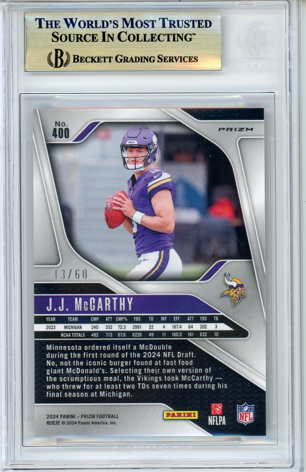 2024 Panini Prizm JJ McCarthy #400 Orange Wave 13/60 BGS 9.5