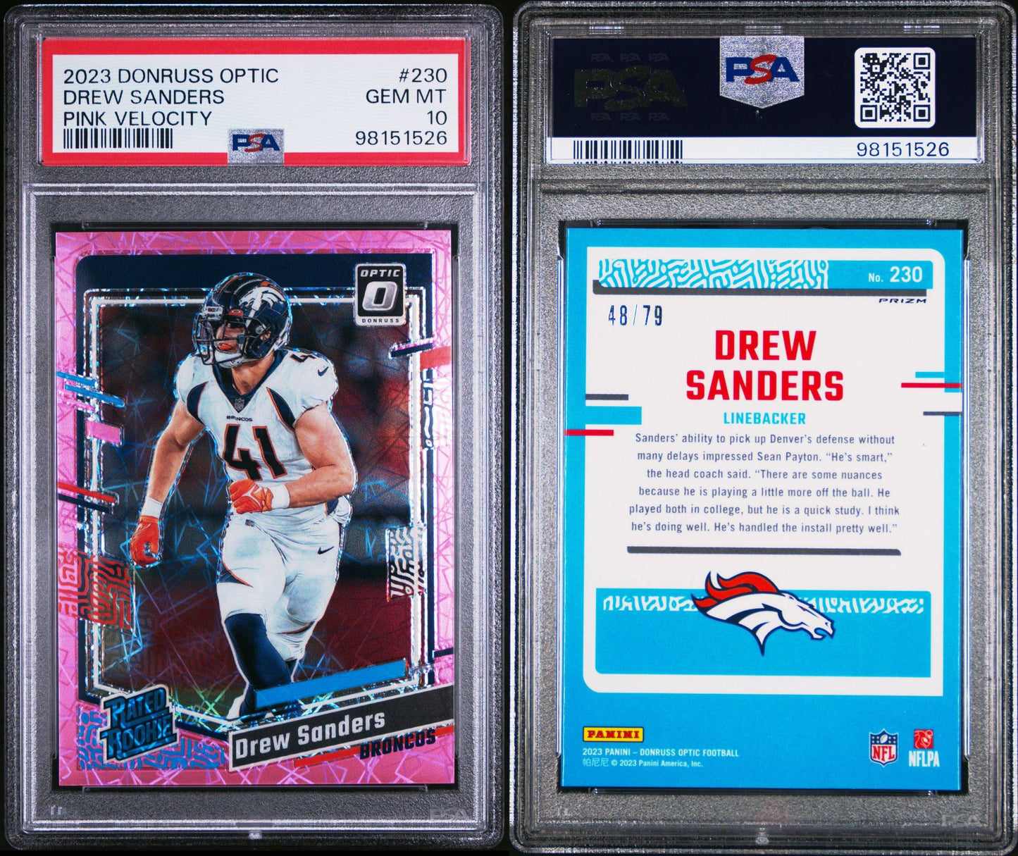2023 DONRUSS OPTIC 230 DREW SANDERS PINK VELOCITY /79 PSA 10