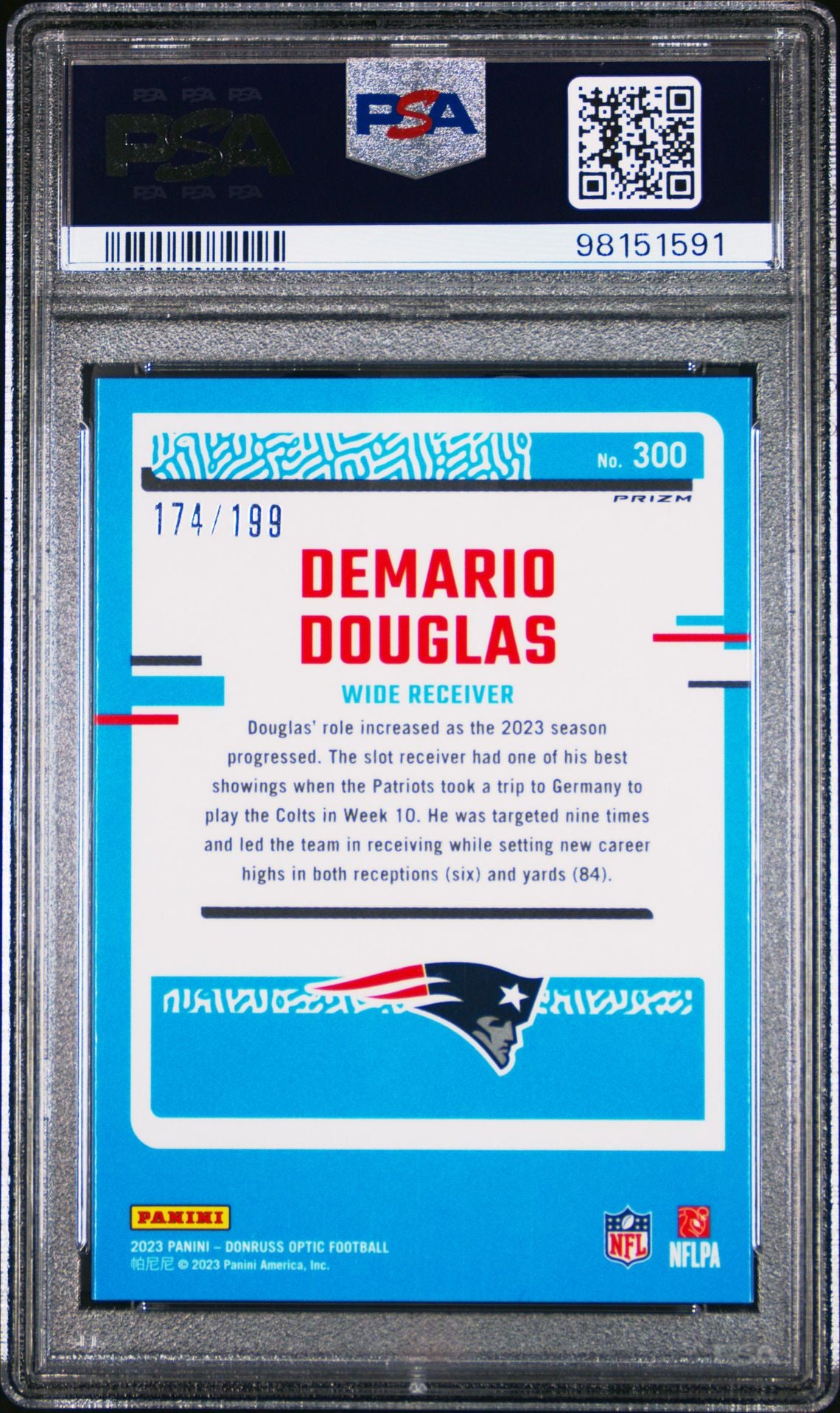 2023 DONRUSS OPTIC 300 DEMARIO DOUGLAS BLUE /199 PSA 9