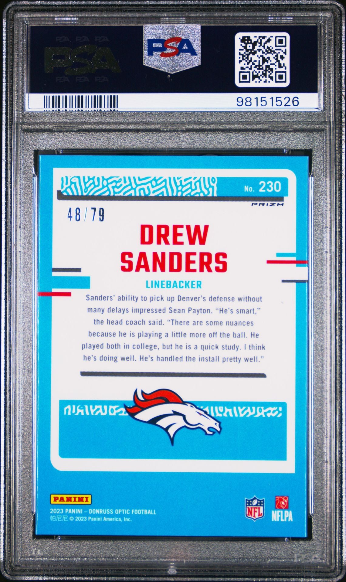 2023 DONRUSS OPTIC 230 DREW SANDERS PINK VELOCITY /79 PSA 10
