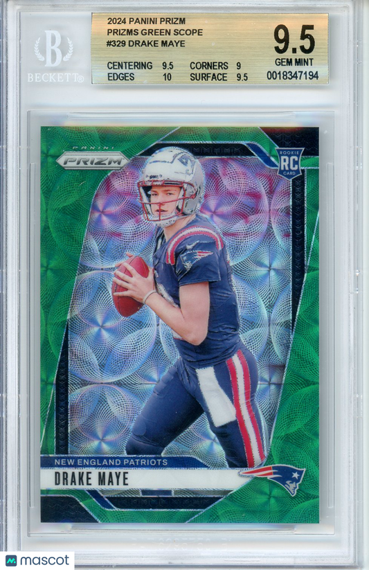 2024 Panini Prizm Drake Maye #329 Green Scope 7/75 BGS 9.5