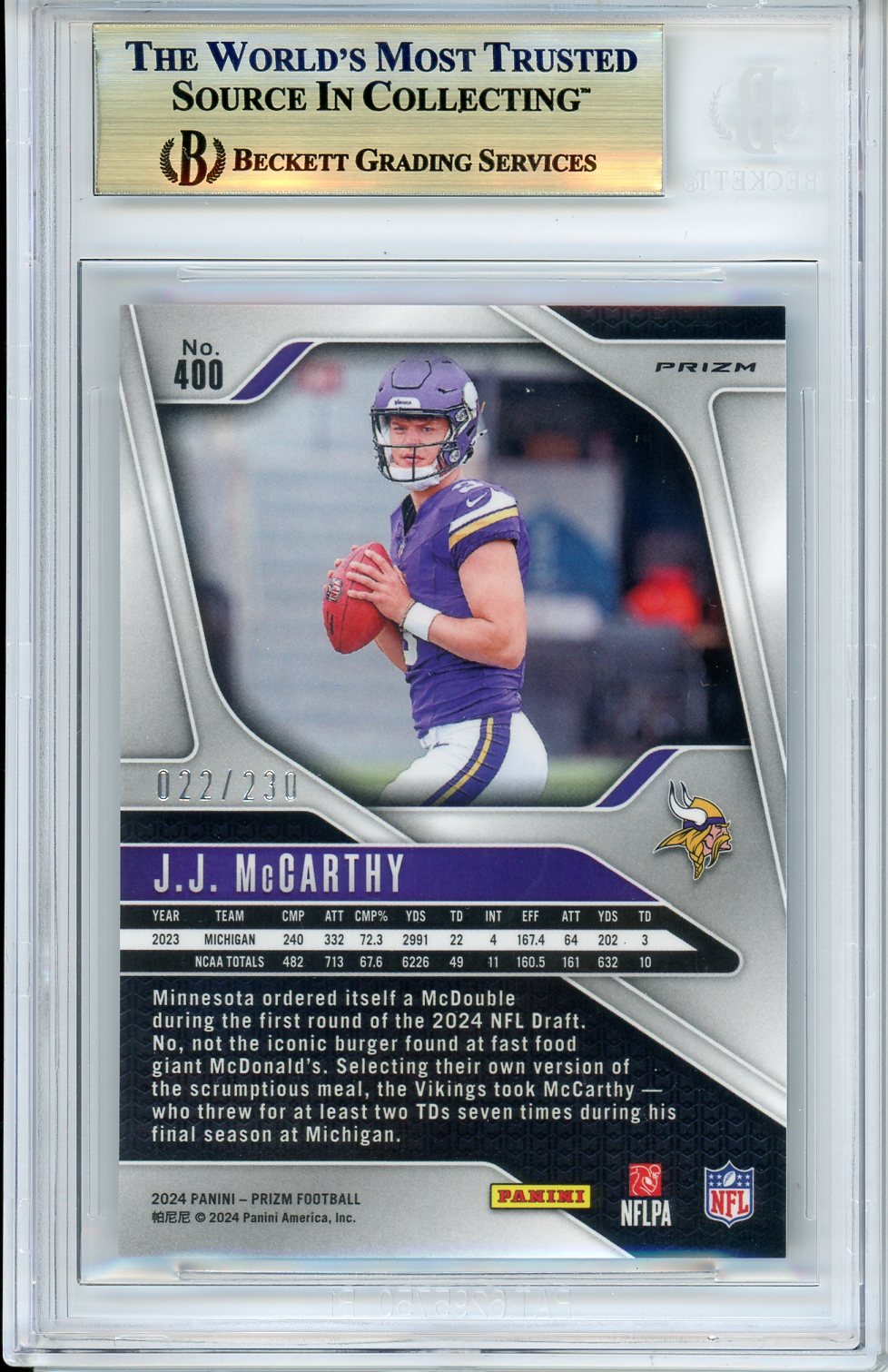2024 Panini Prizm JJ McCarthy #400 Blue Wave 22/230 BGS 9.5