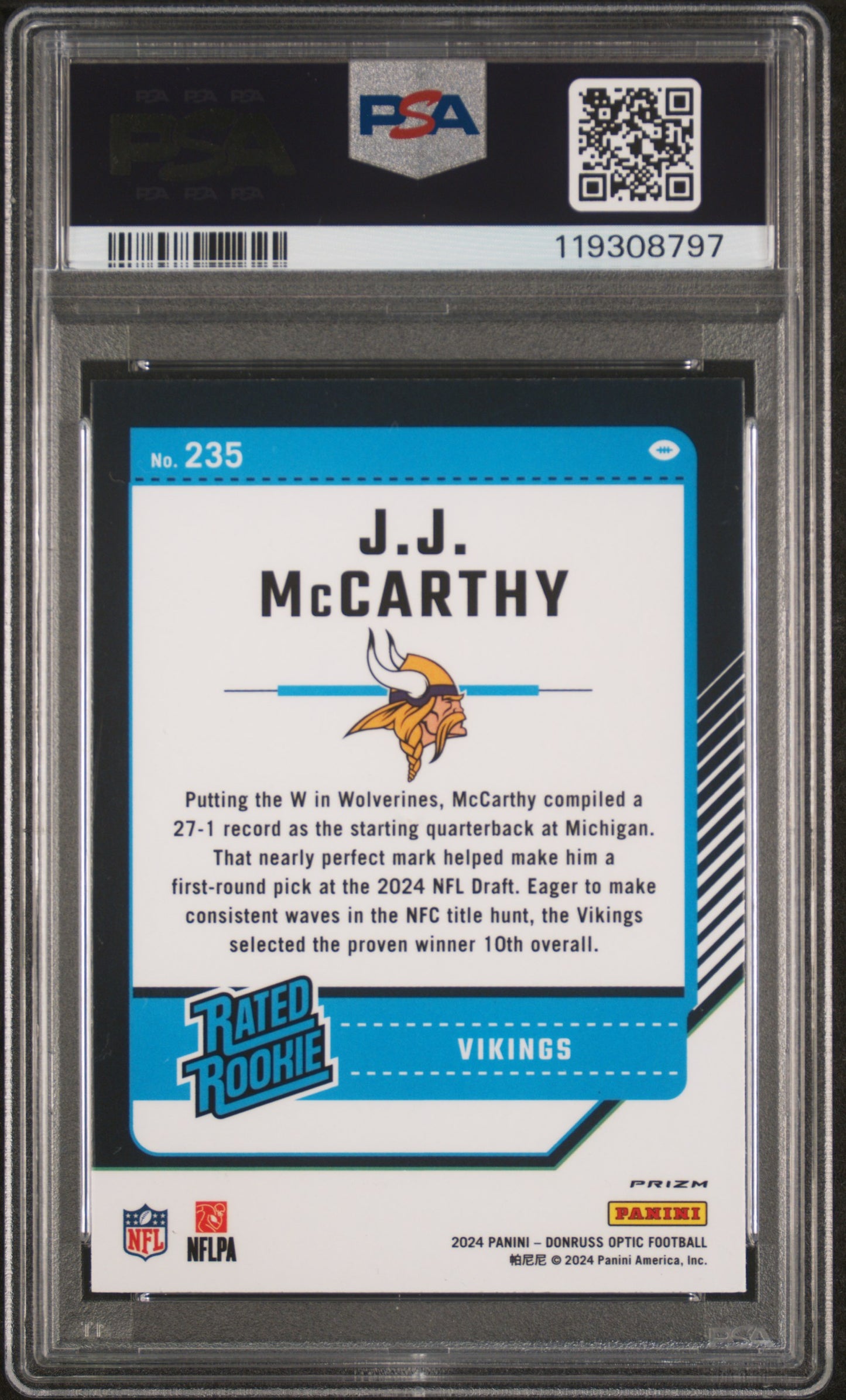 2024 Panini Donruss Optic JJ Mccarthy #235 White Sparkle PSA 8