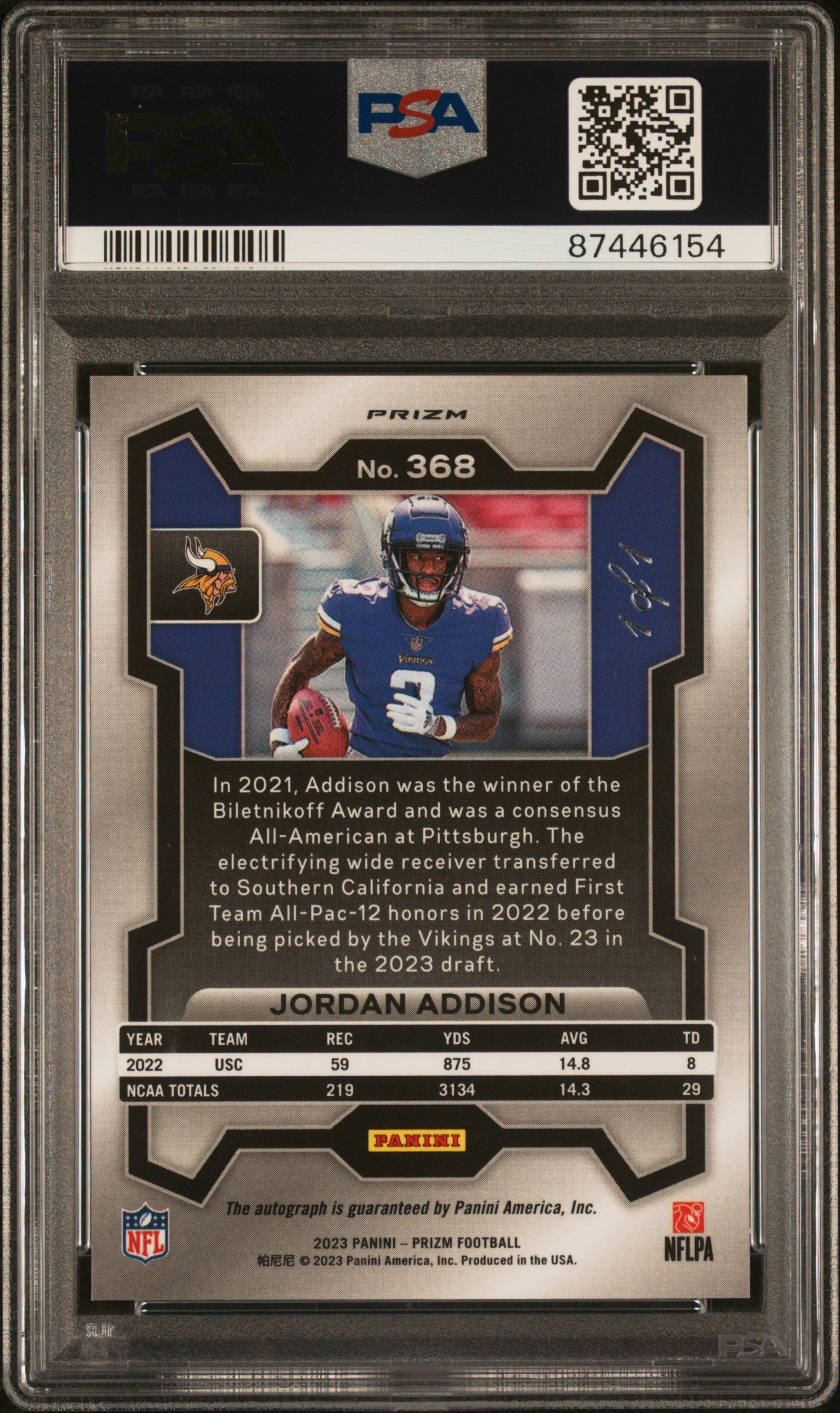 2023 Panini Prizm Jordan Addison #368 Autograph White Sparkle 1/1 PSA 10