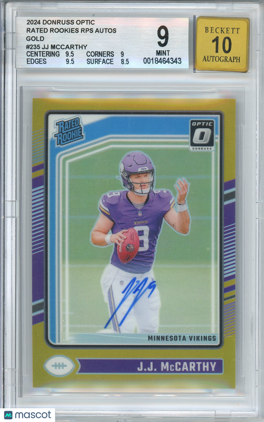 2024 Optic Rated Rookie RPS Autographs Gold JJ McCarthy #235 05/10 BGS 9 Auto 10