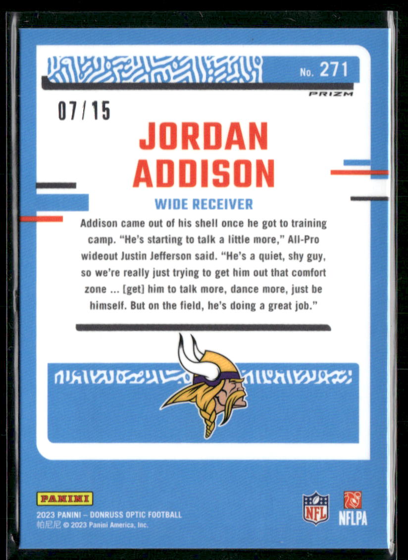 2023 Panini Donruss Optic Prizm Jordan Addison #271 Blue Ice 07/15